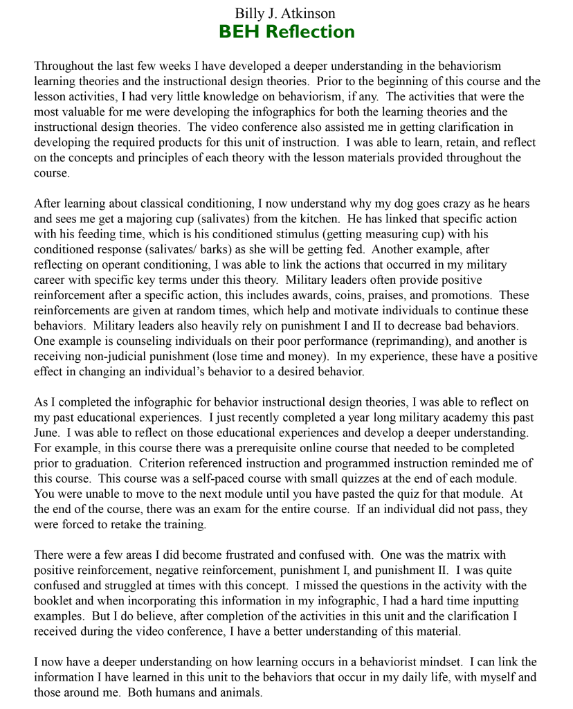 Behaviorism Reflection