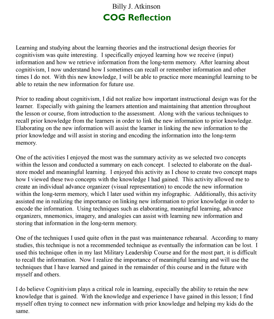 Cognitivism Reflection